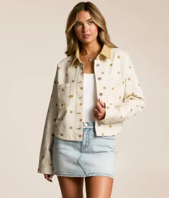 Tops | Peach Love California Polka Dot Denim Jacket Cream Tan