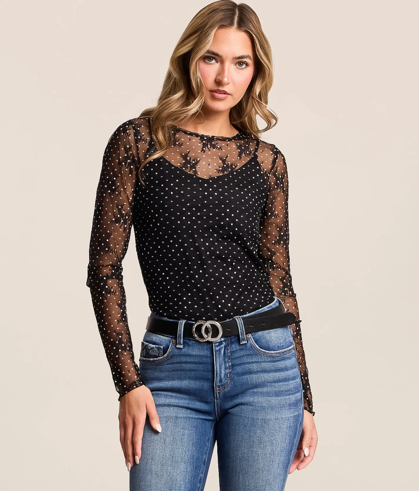Tops | Willow & Root Polka Dot Floral Lace Top Black