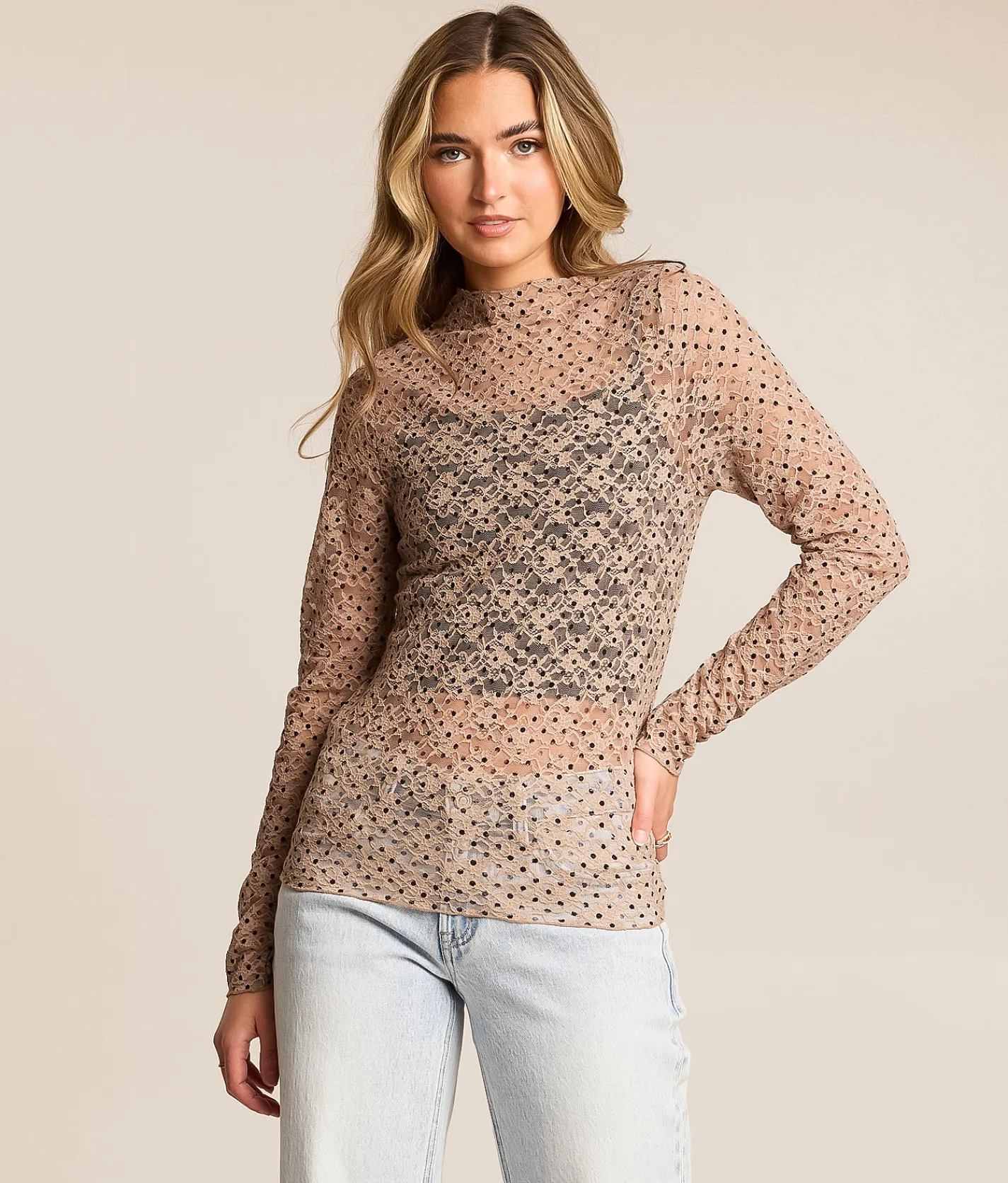 Willow & Root Polka Dot Lace Top Taupe Hot