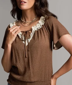 Tops | BKE Polka Dot Lace Top Coco Cream