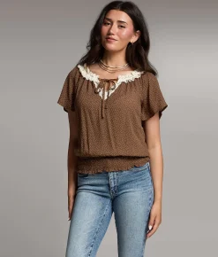 Tops | BKE Polka Dot Lace Top Coco Cream