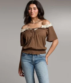 Tops | BKE Polka Dot Lace Top Coco Cream