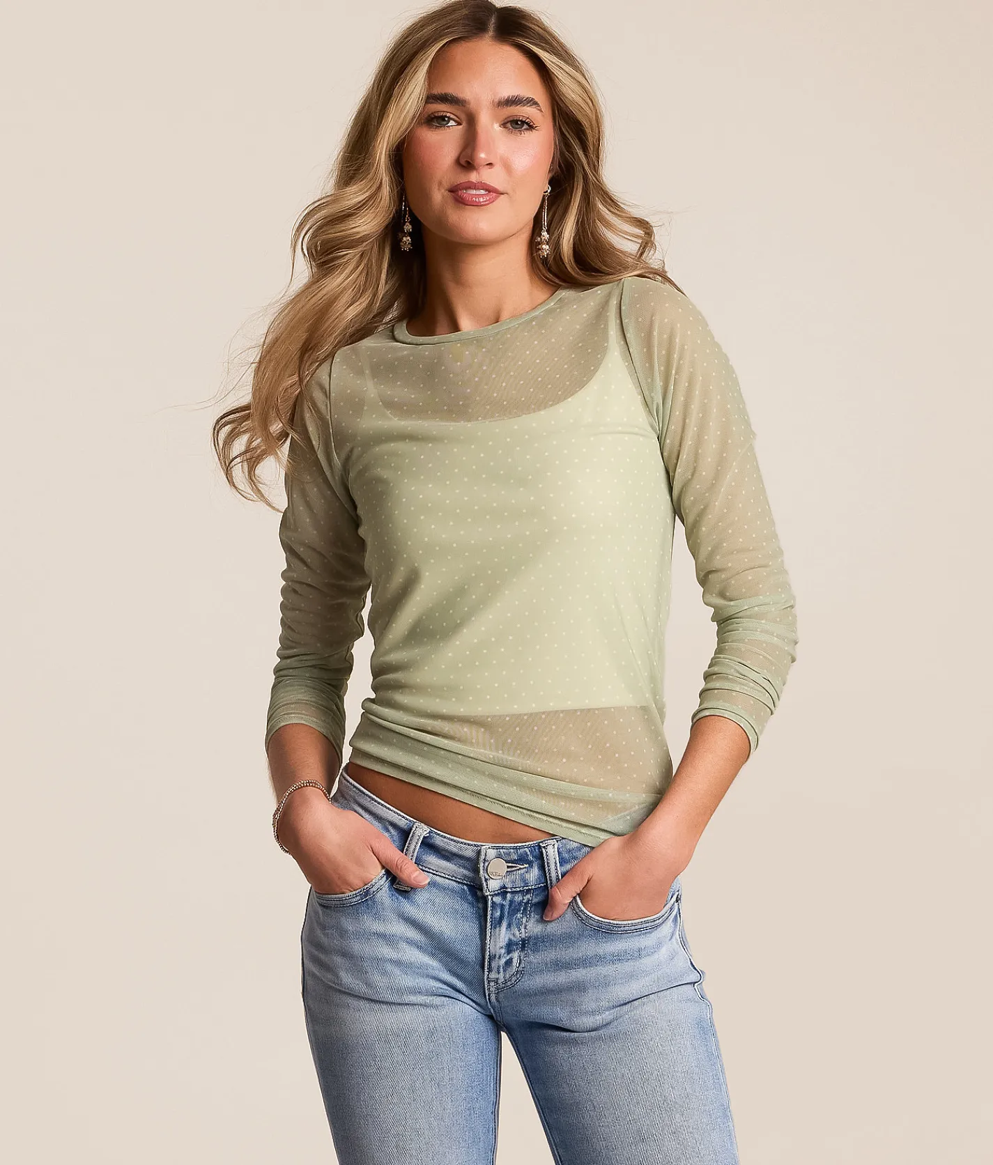 Tops | Willow & Root Polka Dot Mesh Top Laurel Green