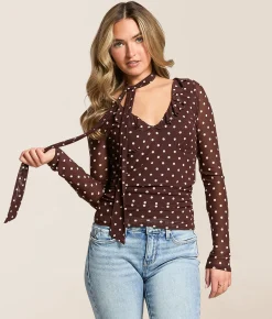 Tops | Willow & Root Polka Dot Mesh Top With Detachable Scarf Brown White