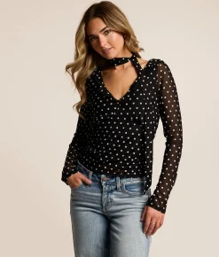 Tops | Willow & Root Polka Dot Mesh Top With Detachable Scarf Black