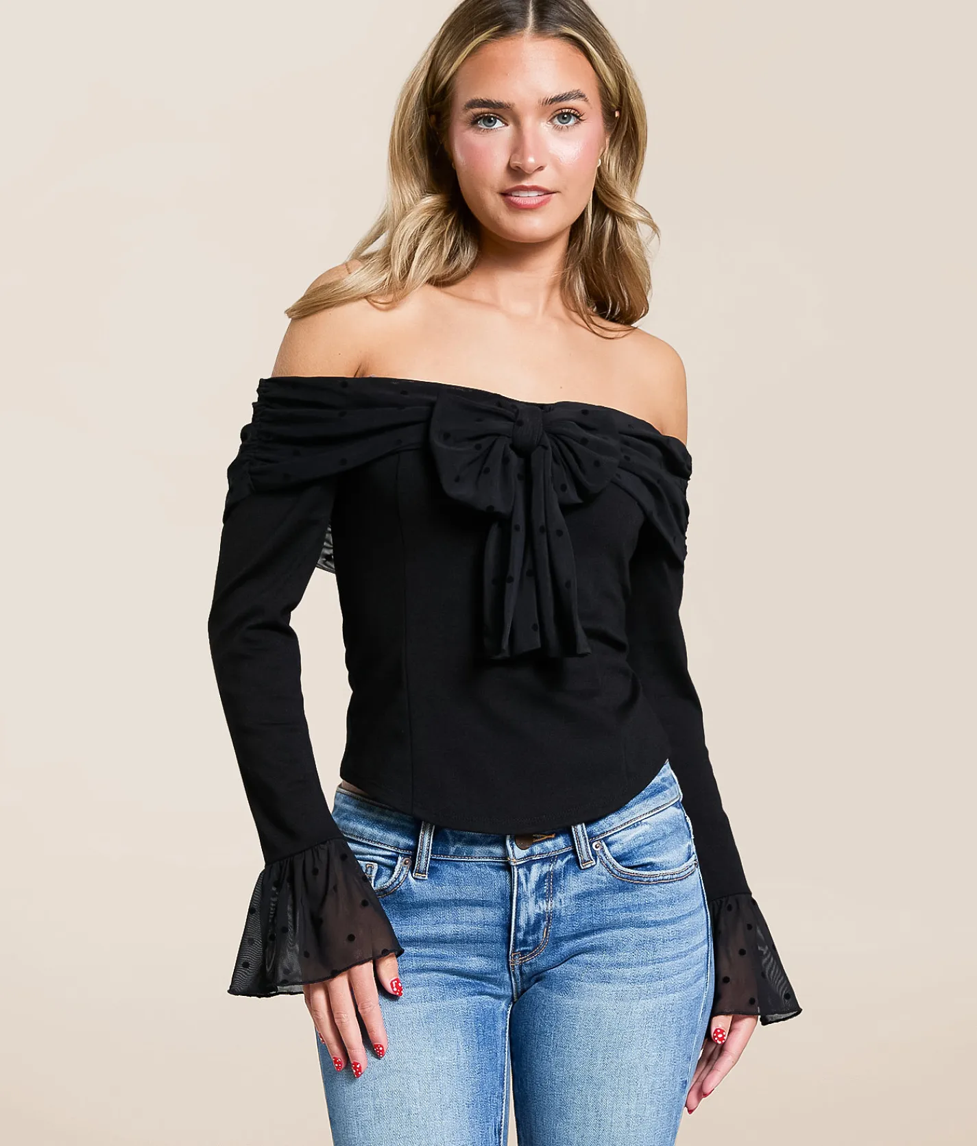 Willow & Root Polka Dot Off The Shoulder Top Black Sale