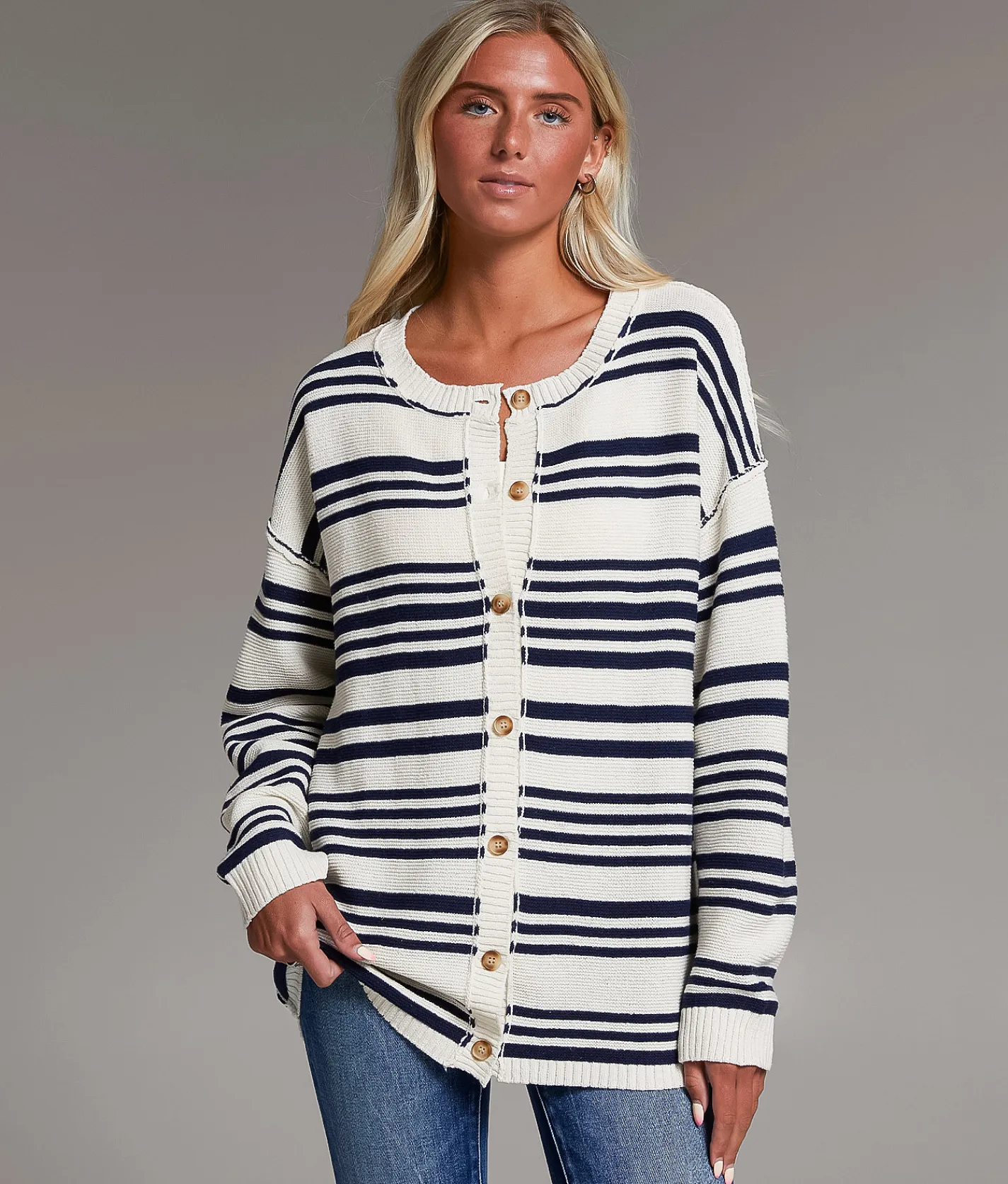 Tops | BKE Prep Edit - Striped Cardigan Sweater Navy White
