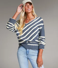 BKE Prep Edit - Striped Crossover Sweater China Blue Cream Online