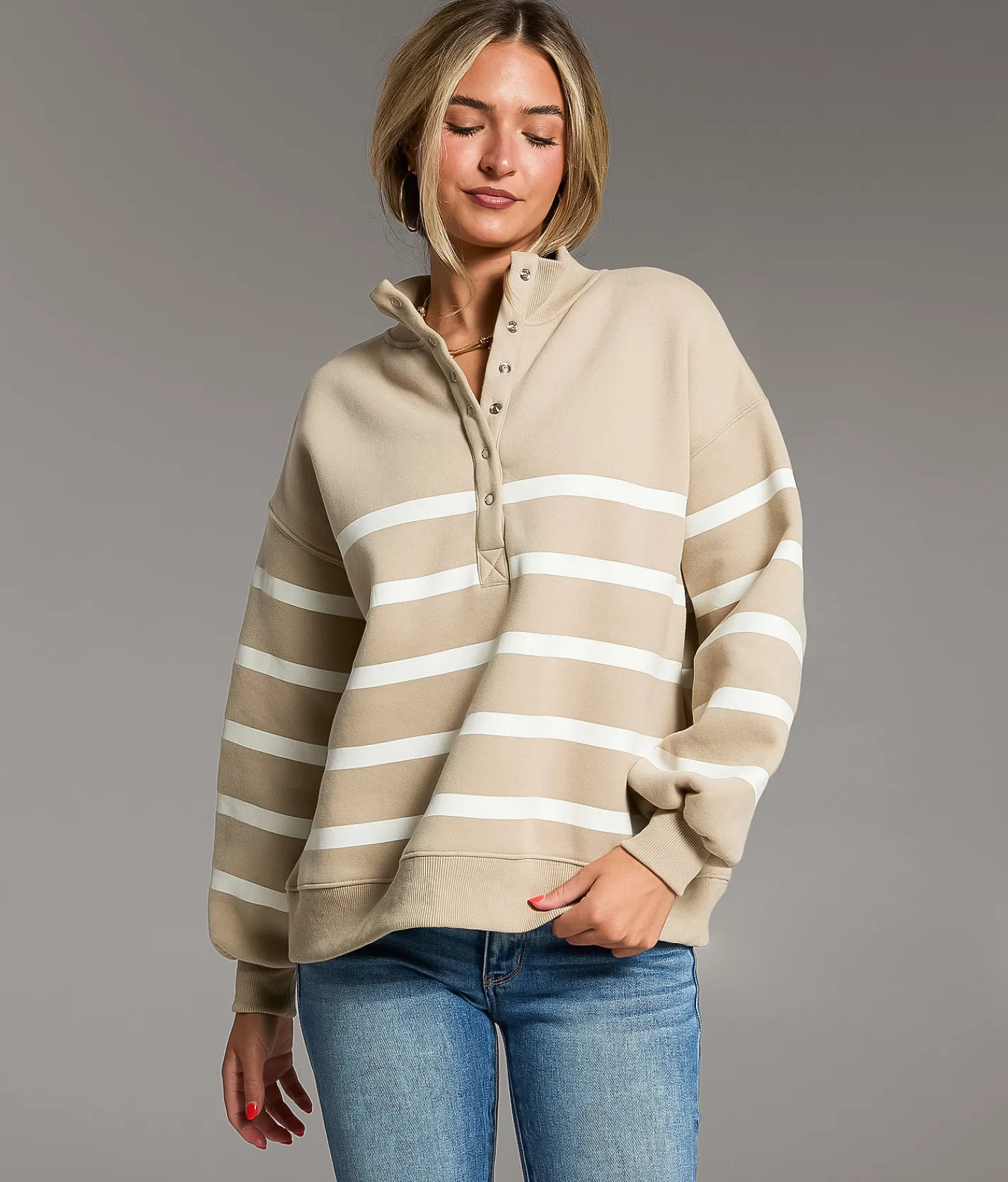 Tops | BKE Prep Edit - Striped Half Snap Pullover Humus