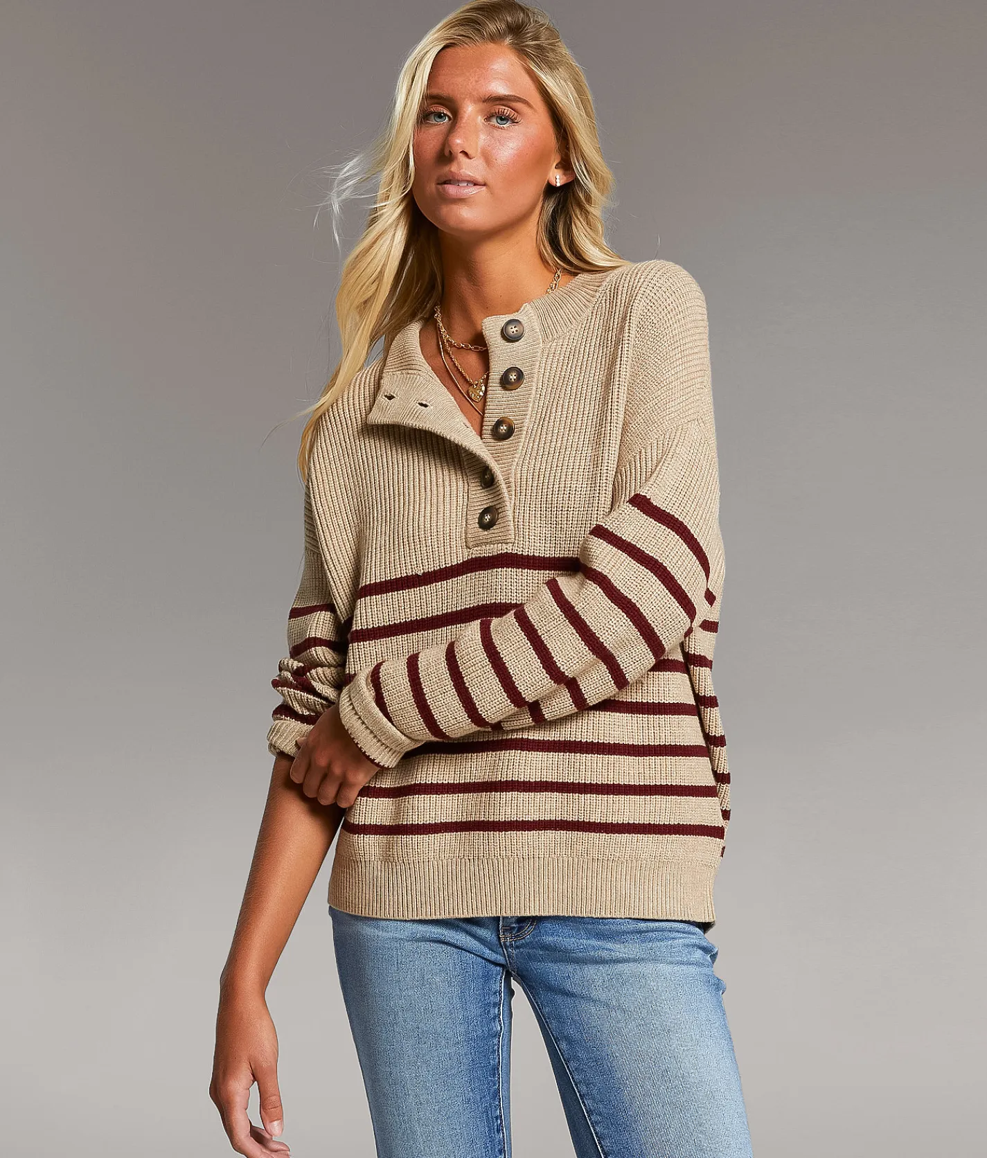 Tops | BKE Prep Edit - Striped Henley Sweater Taupe Andora