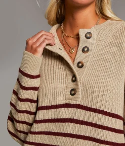 Tops | BKE Prep Edit - Striped Henley Sweater Taupe Andora