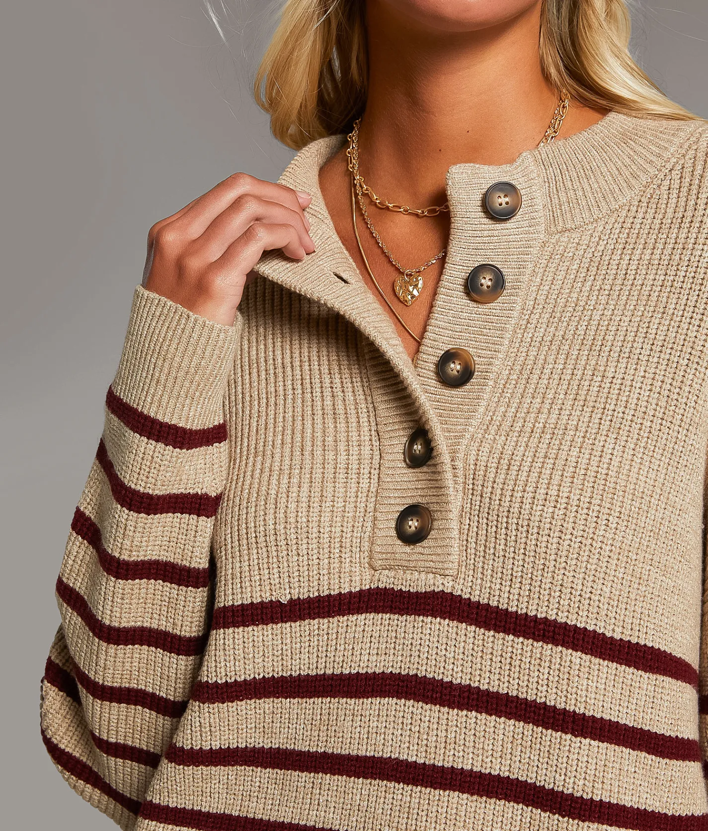 Tops | BKE Prep Edit - Striped Henley Sweater Taupe Andora