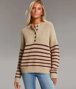Tops | BKE Prep Edit - Striped Henley Sweater Taupe Andora