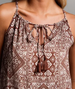 BKE Printed Ruffle Tank Top Brown Sale