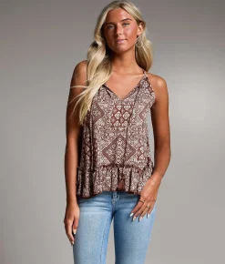 BKE Printed Ruffle Tank Top Brown Sale