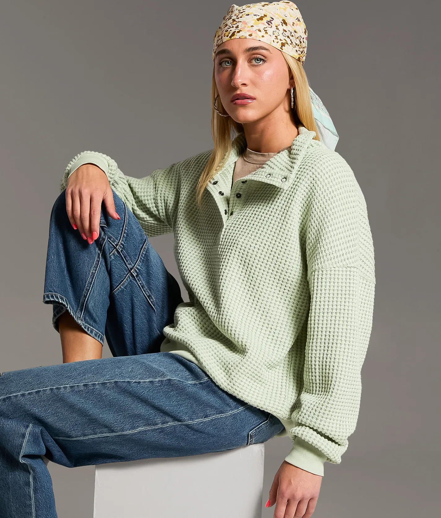 BKE Quarter Snap Waffle Knit Pullover Sage Clearance