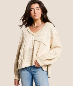 Tops | POL Quilted Crochet Pullover Oatmeal