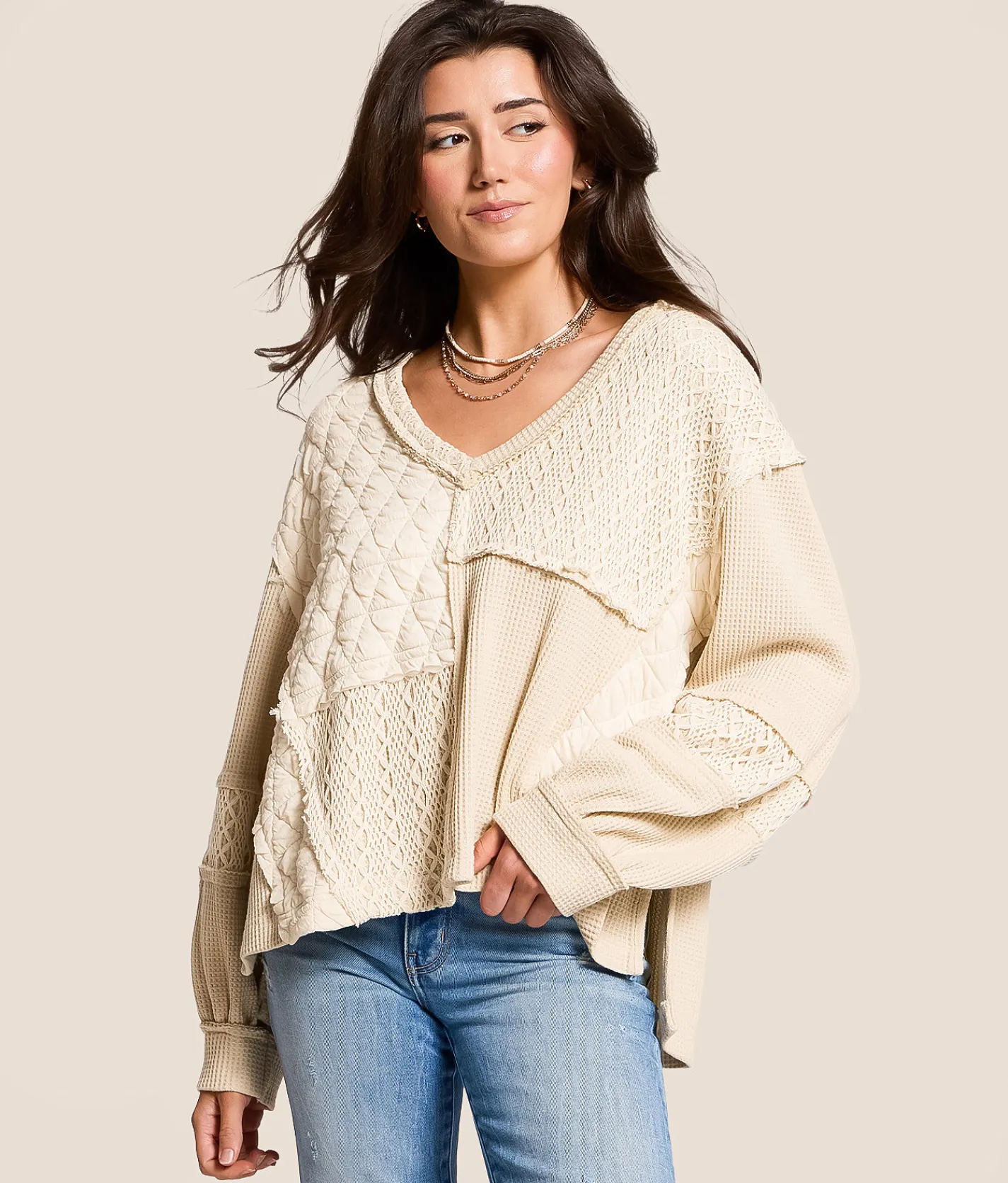 Tops | POL Quilted Crochet Pullover Oatmeal