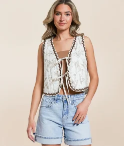 Polagram Quilted Floral Print Vest Brown Multi Discount