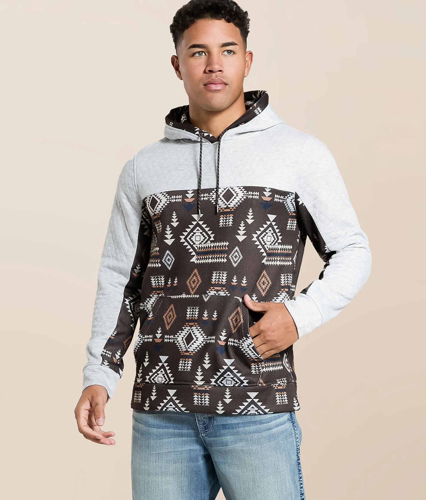 Departwest Quilted Southwestern Hooded Sweatshirt Java Hot