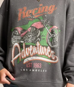 Tops | Modish Rebel 1963 Racing Rhinestone Pullover Washed Black