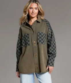 Tops|Coats & Jackets | BKE Raw Edge Checker Shacket Olive Black