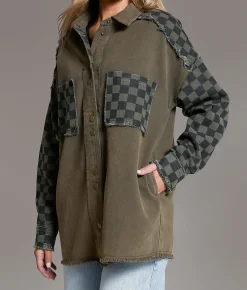 Tops|Coats & Jackets | BKE Raw Edge Checker Shacket Olive Black
