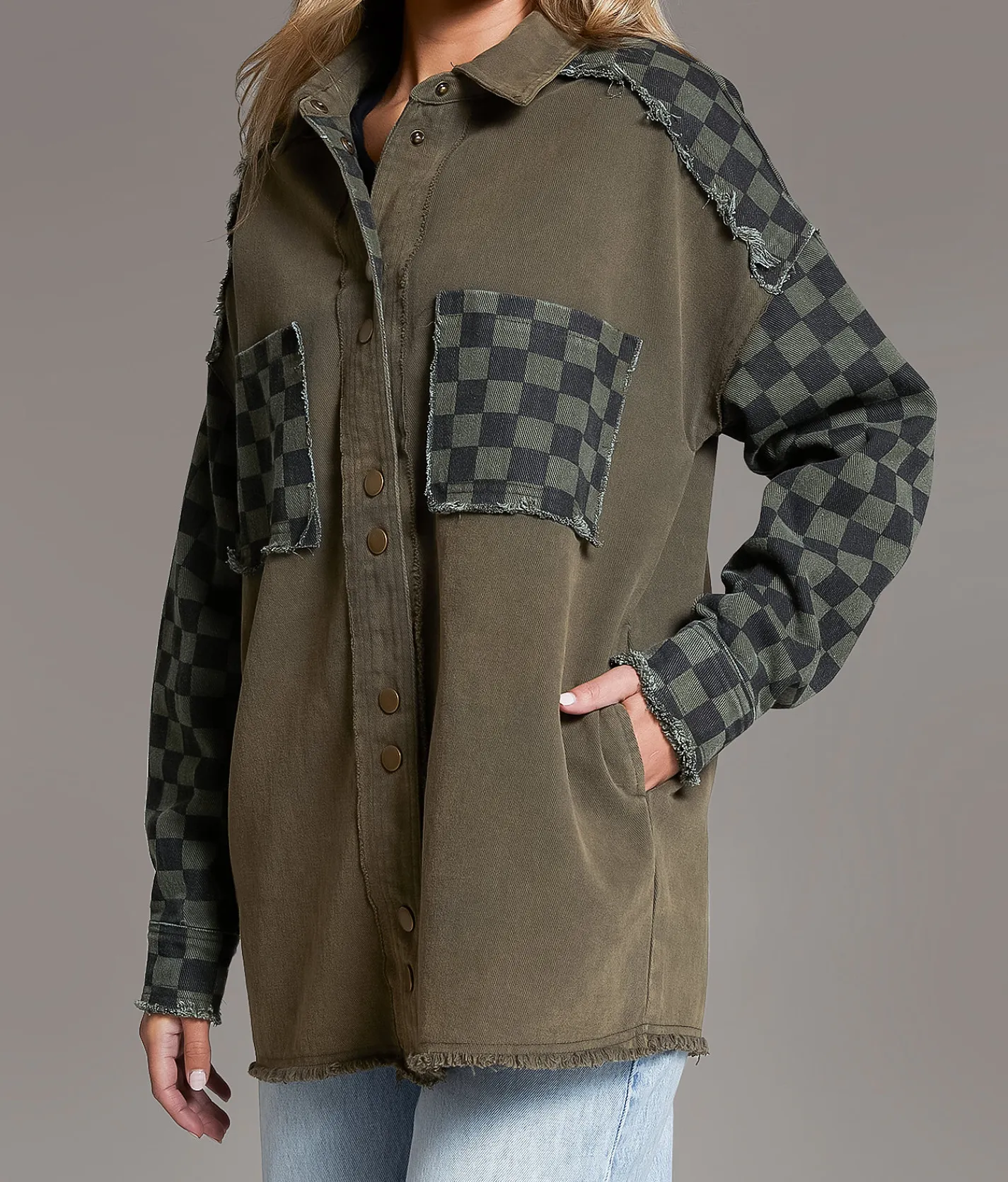 Tops|Coats & Jackets | BKE Raw Edge Checker Shacket Olive Black