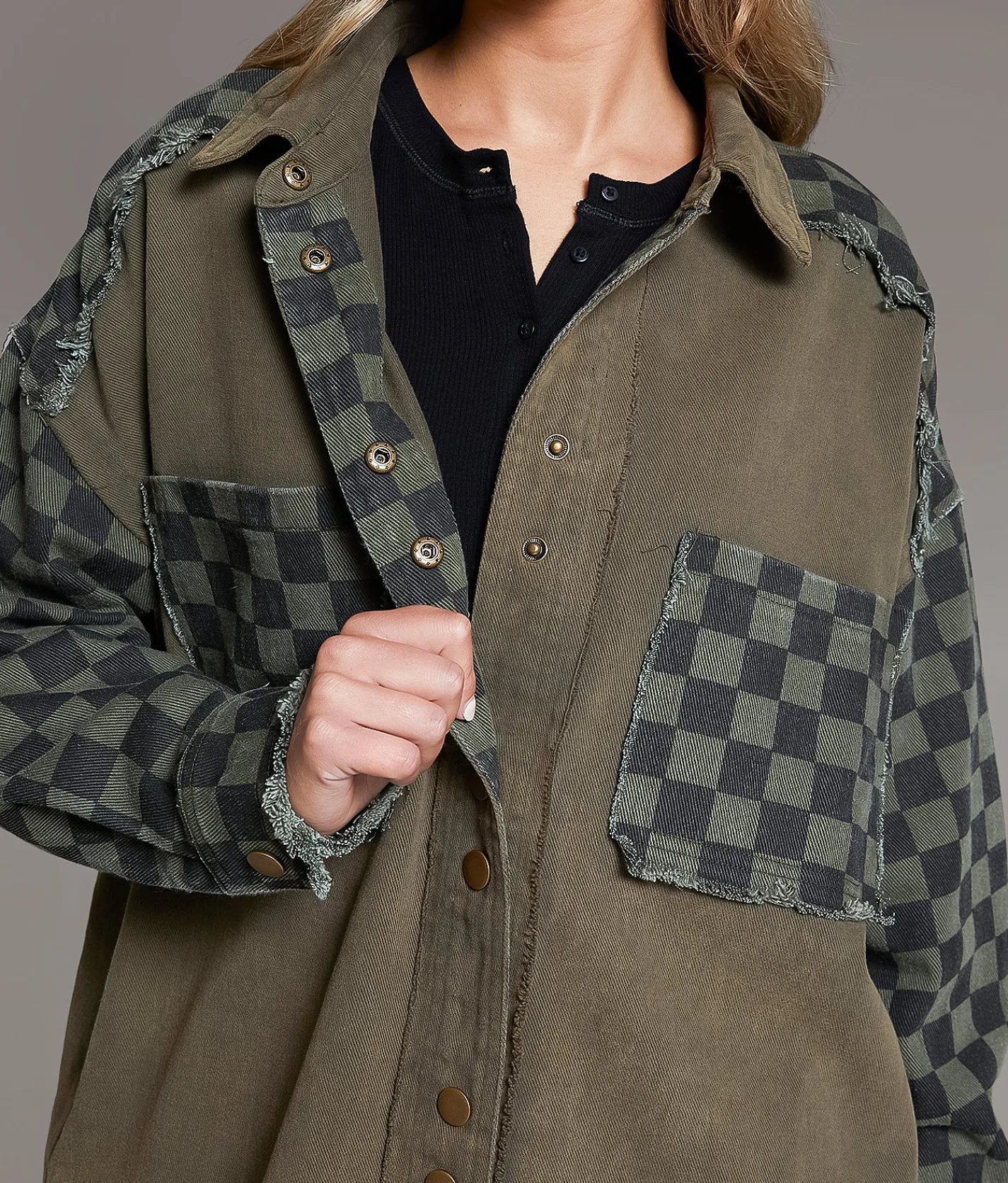 Tops|Coats & Jackets | BKE Raw Edge Checker Shacket Olive Black