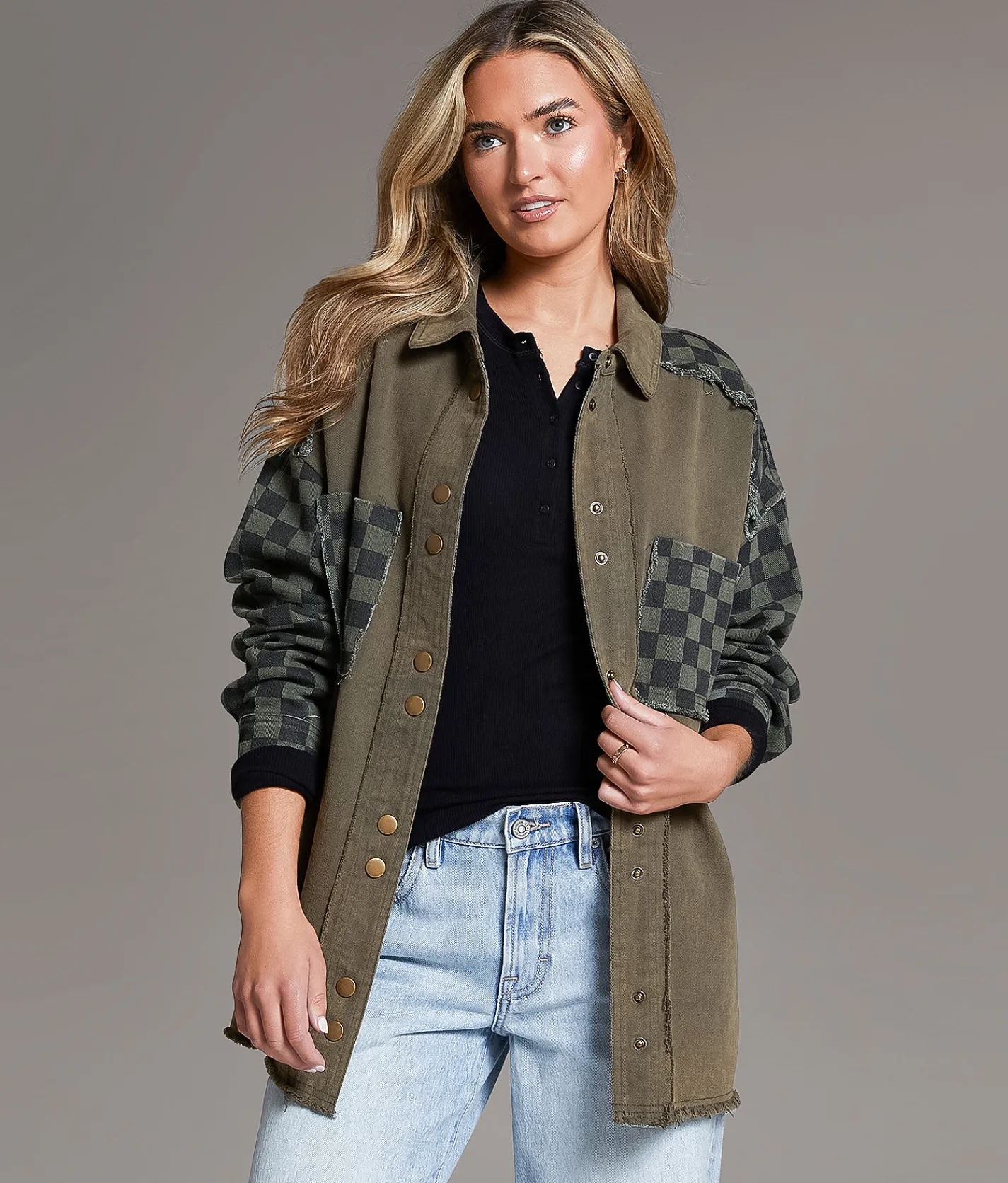 Tops|Coats & Jackets | BKE Raw Edge Checker Shacket Olive Black