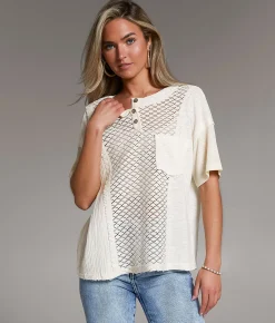 BKE Raw Edge Crochet Henley White Hot