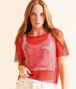 DH Apparel Raw Edge Fishnet Jersey Cropped Top Red Clearance