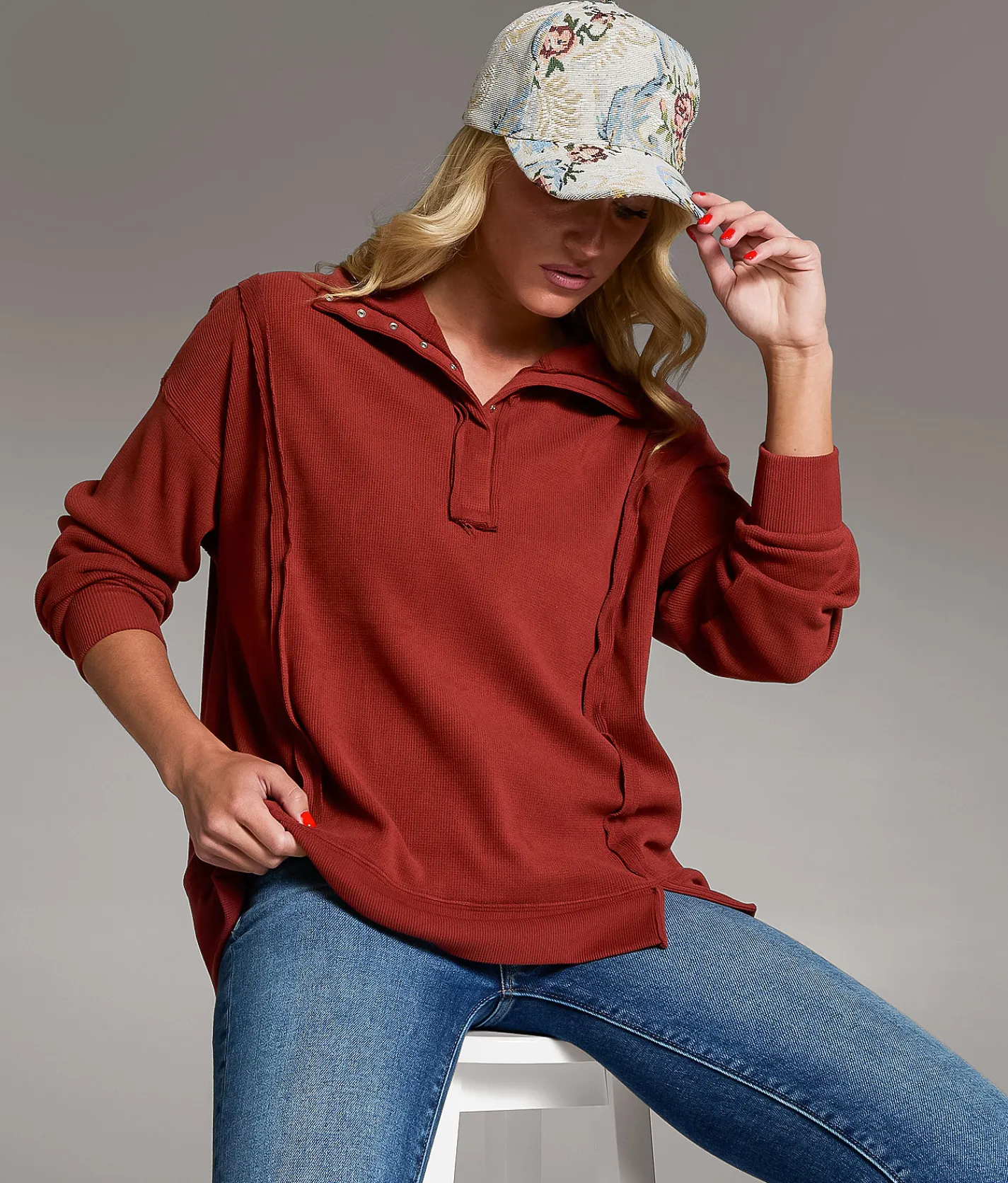 Tops | BKE Raw Edge Henley Pullover Desert Taupe
