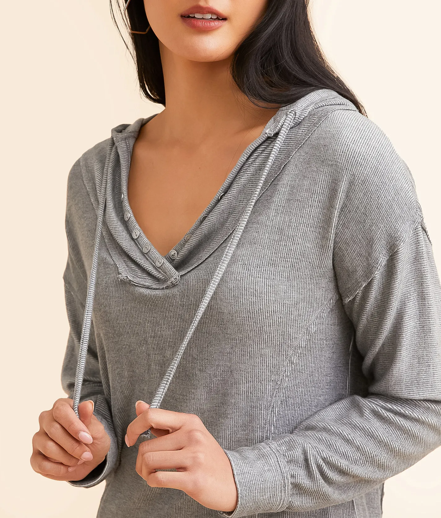Tops | BKE Raw Edge Hooded Henley Charcoal