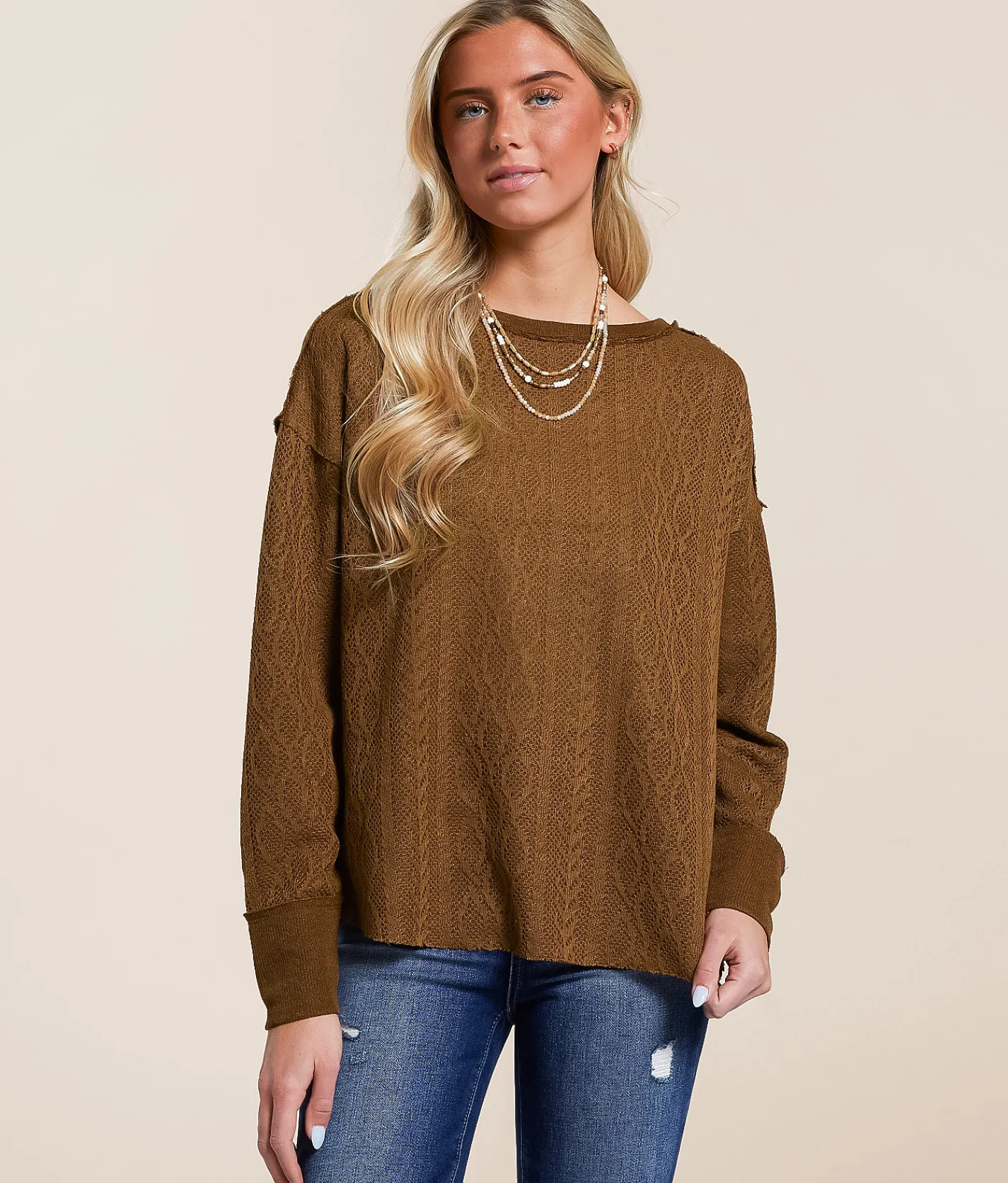 Daytrip Raw Edge Open Weave Top Partridge Hot