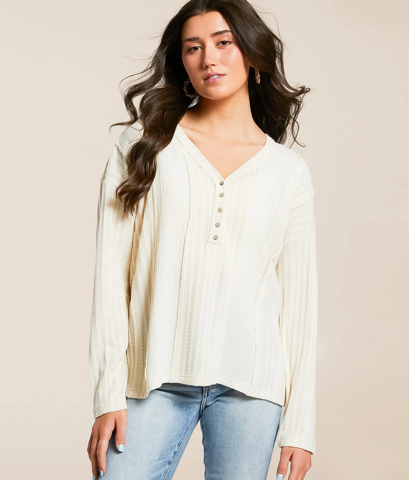 Tops | BKE Raw Edge Pieced Henley Cream