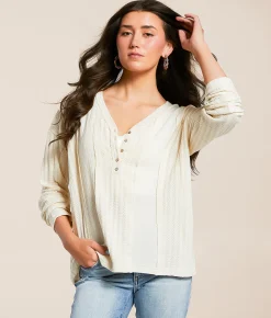 Tops | BKE Raw Edge Pieced Henley Cream