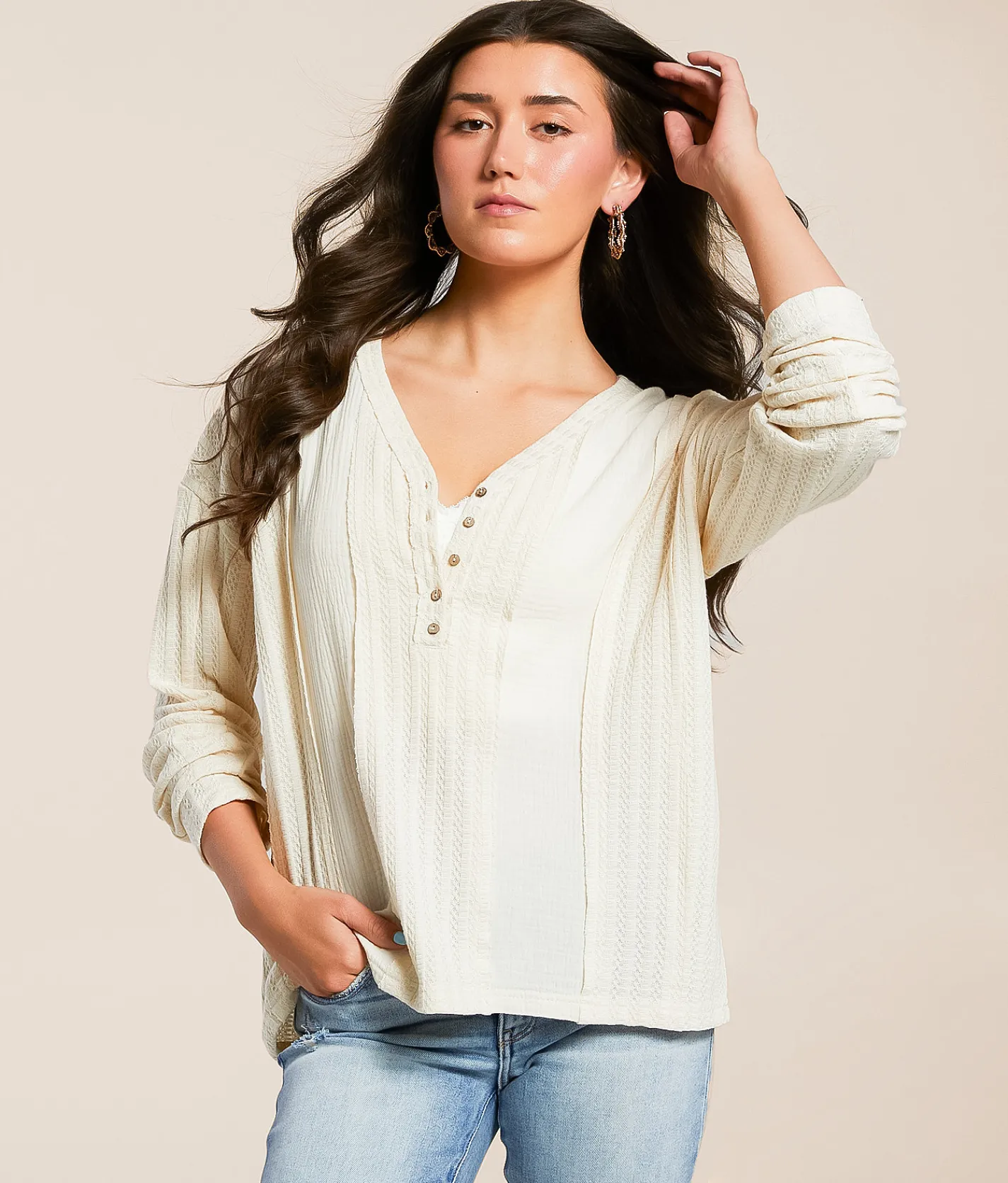 Tops | BKE Raw Edge Pieced Henley Cream