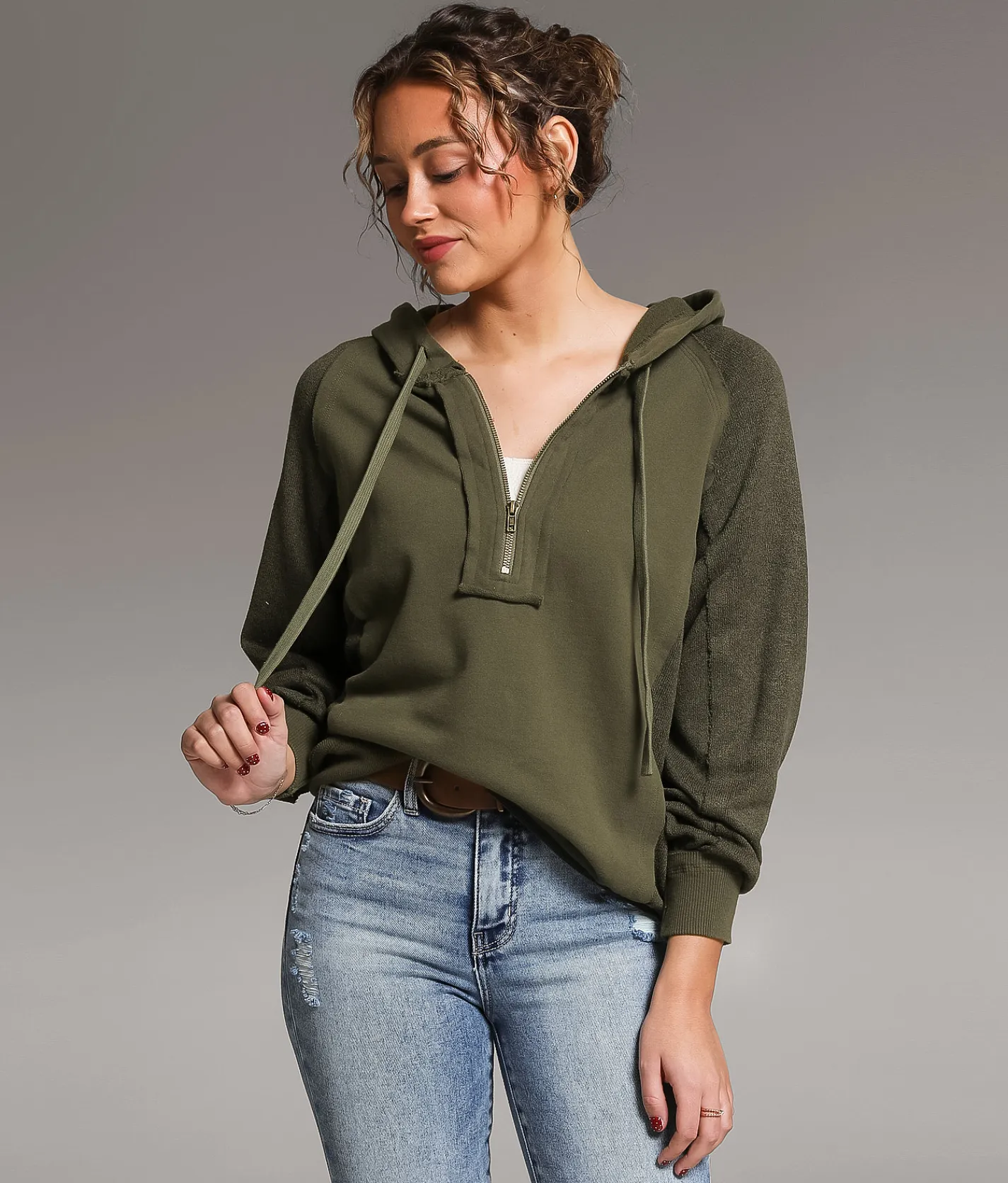 BKE Raw Edge Quarter Zip Hoodie Dusty Olive Online