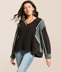 Tops | POL Raw Edge Ribbed Pullover Black