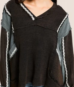 Tops | POL Raw Edge Ribbed Pullover Black