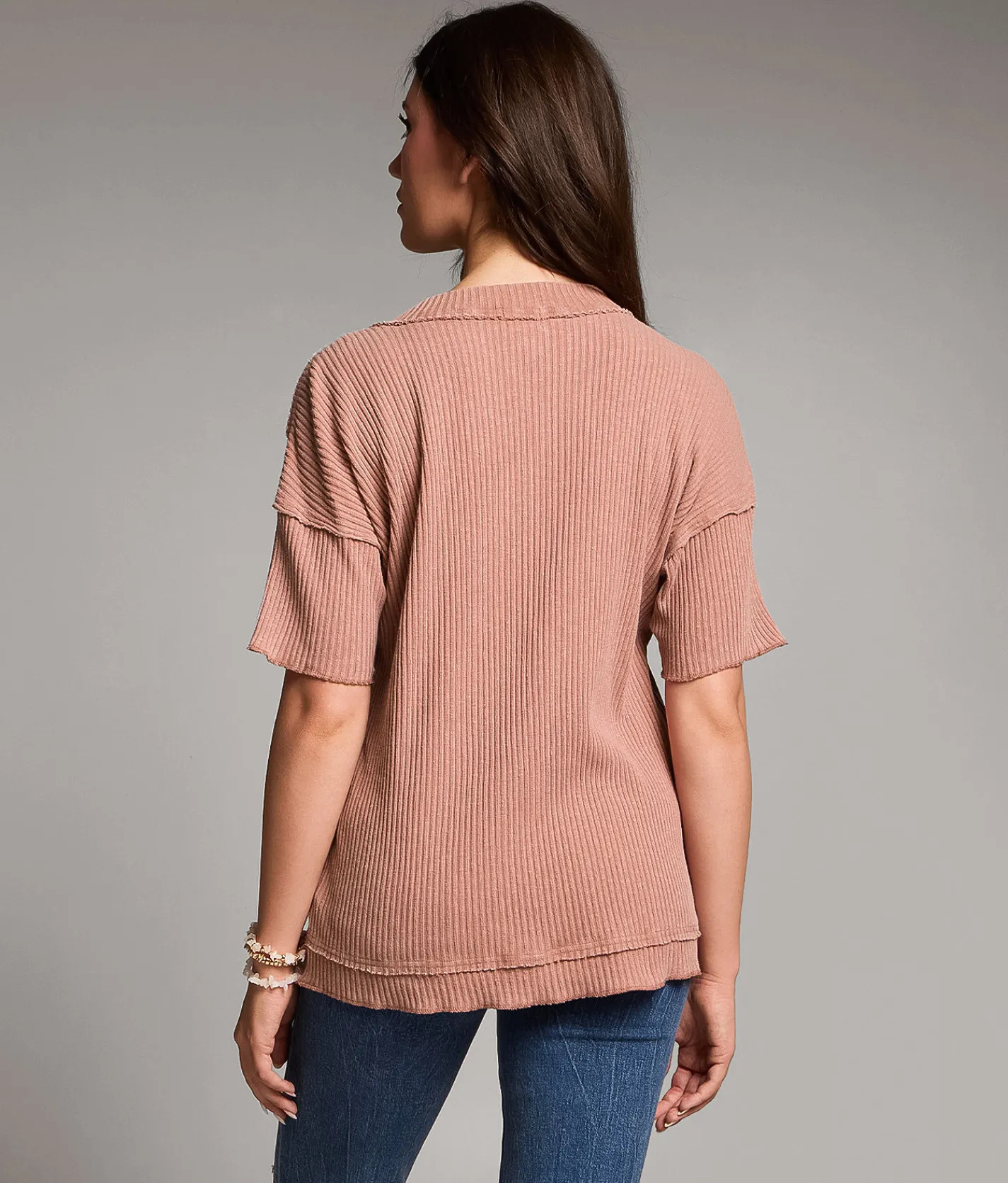 BKE Raw Edge Ribbed Top Burlwood