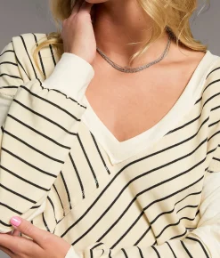 Tops | BKE Raw Edge Striped Pullover Cream Black Stripe