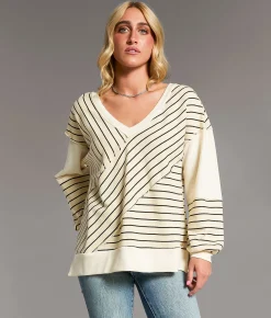 Tops | BKE Raw Edge Striped Pullover Cream Black Stripe