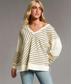 Tops | BKE Raw Edge Striped Pullover Cream Black Stripe