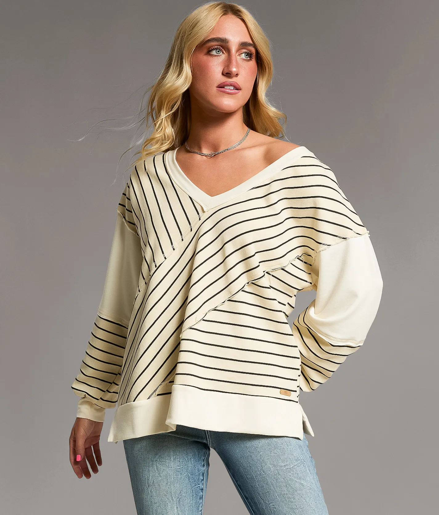 Tops | BKE Raw Edge Striped Pullover Cream Black Stripe