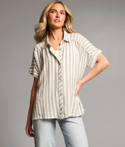 Tops | BKE Raw Edge Striped Shirt Vetiver Cream