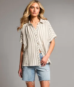 Tops | BKE Raw Edge Striped Shirt Vetiver Cream