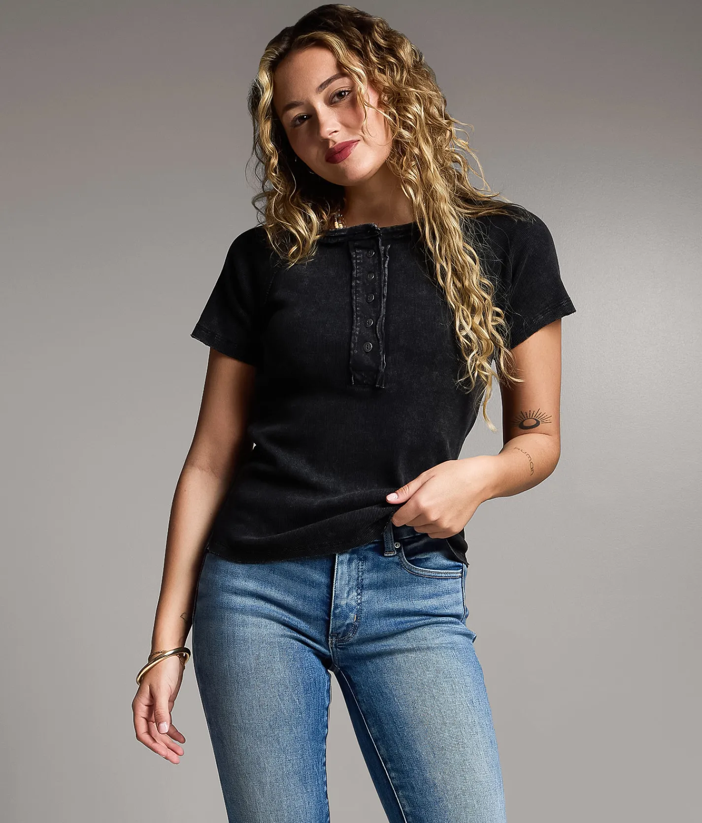 BKE Raw Edge Washed Henley Black New