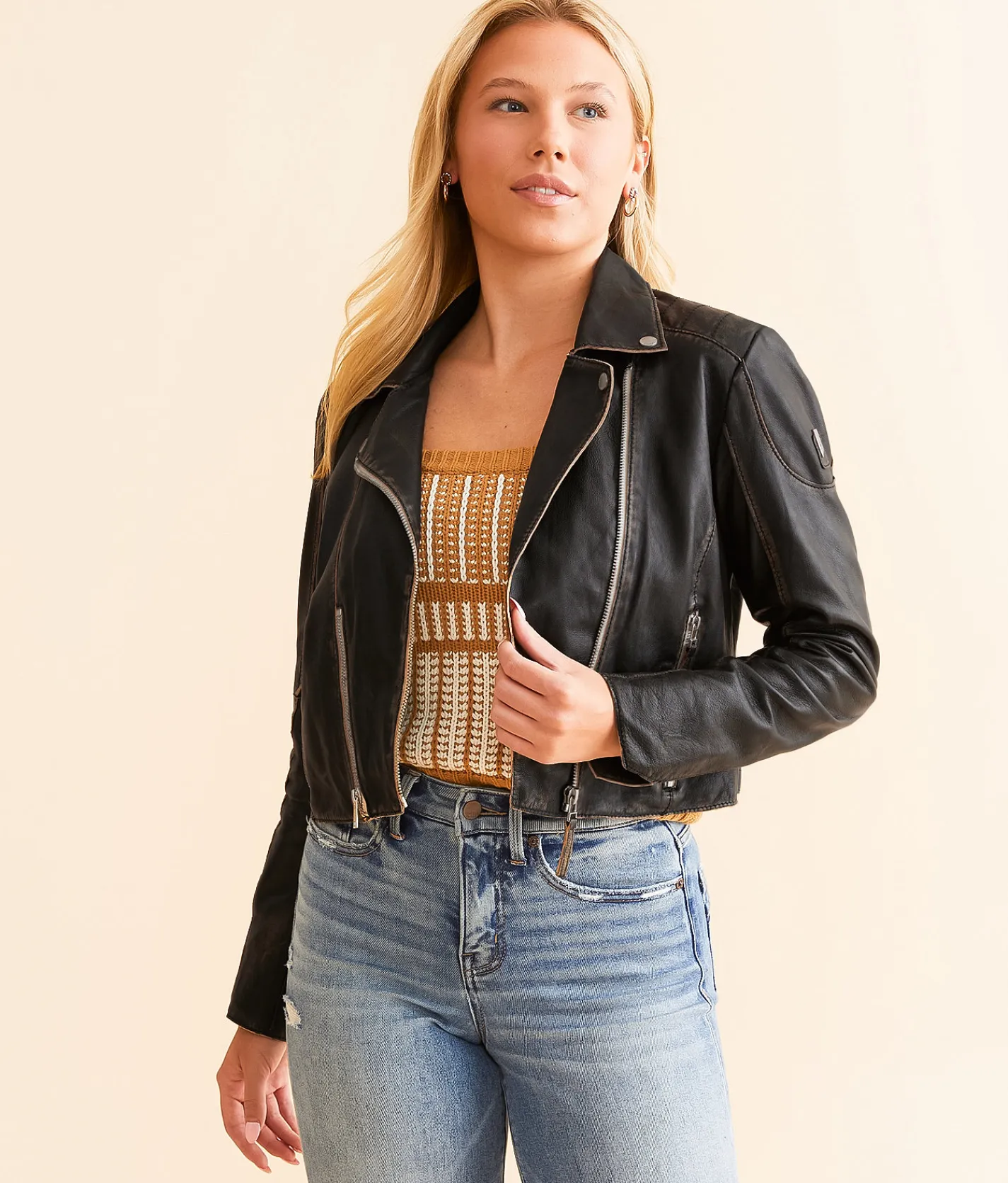 Mauritius Reanon Cropped Leather Jacket Vintage Black Online